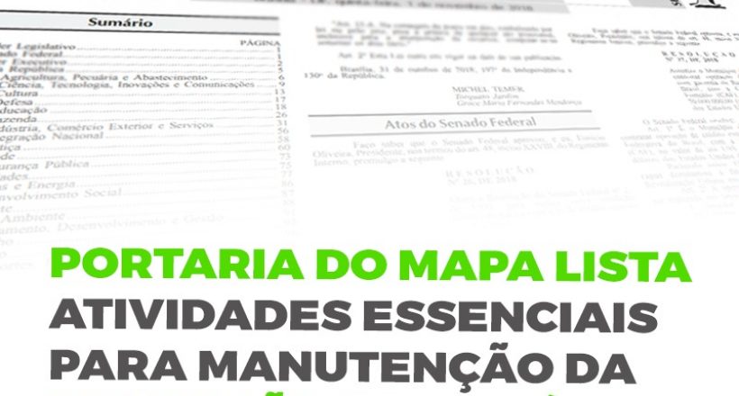 Portaria do Mapa lista atividades essenciais para manutenção da produção e da saúde animal